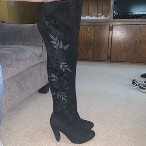 Black Embroidered Thigh High Boots